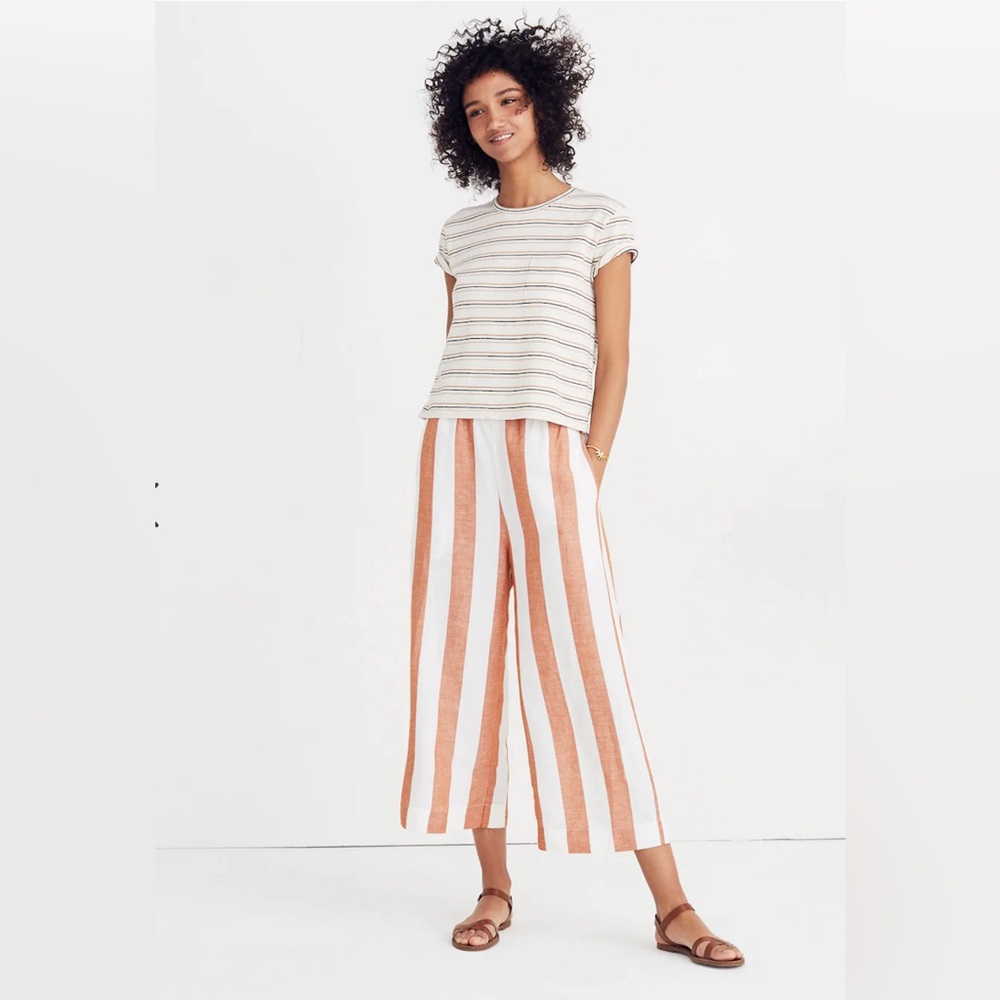 Madewell Linen Wide Leg Cropped Pants Rust White Stripe Pull On Size M